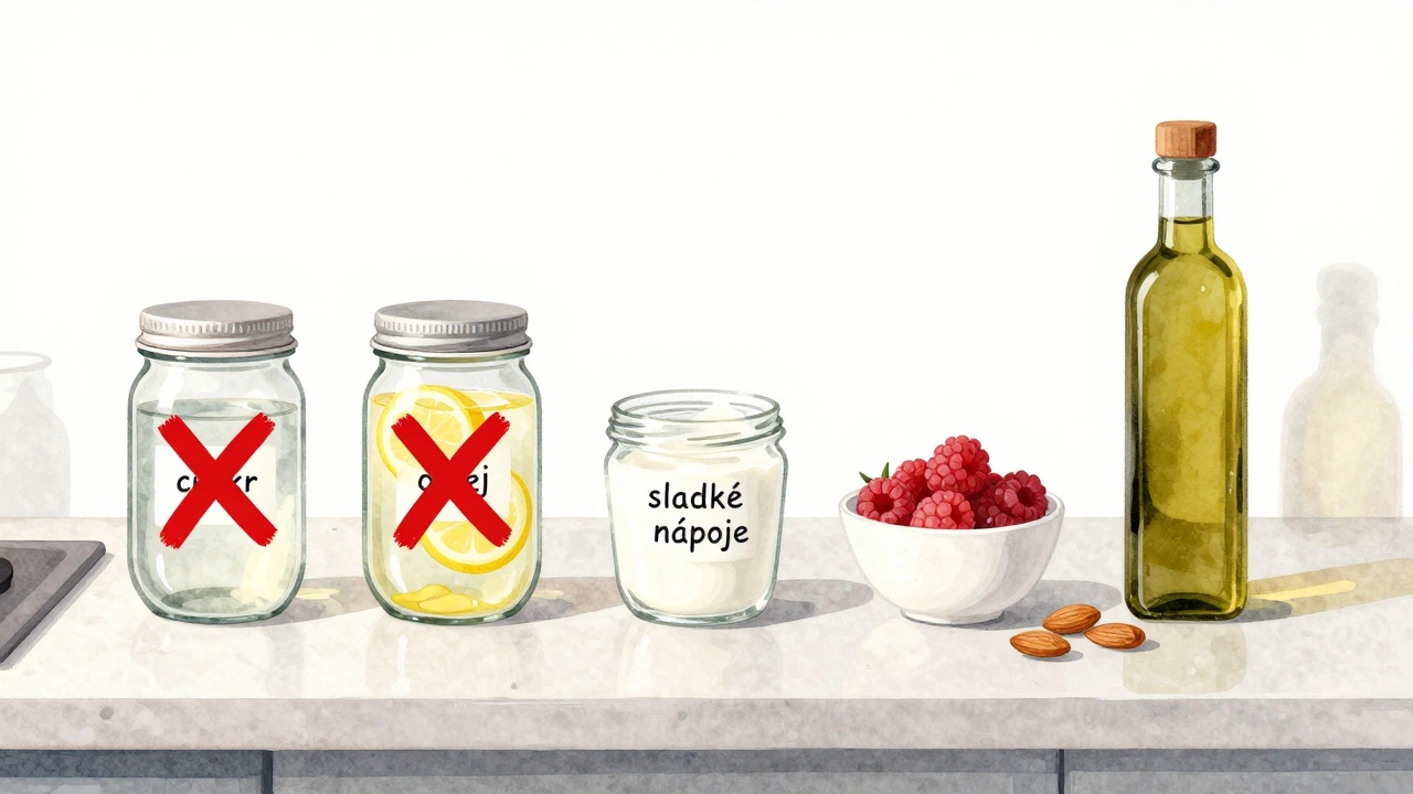 Náhrady nezdravých potravin zdravými alternativami na kuchyňském stole: citronová voda, jogurt s malinami, ořechy.