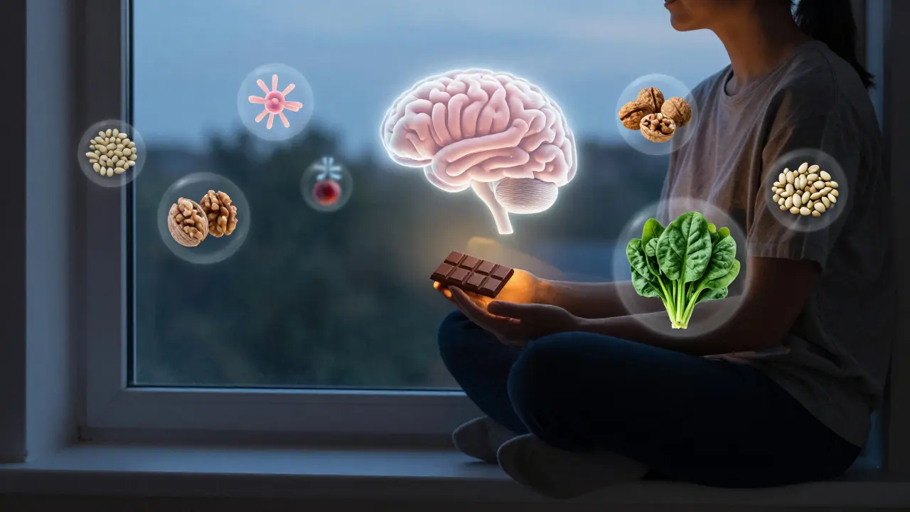 Osoba drží černou čokoládu, kolem ní se vznášejí symboly mozku, střev a zdravých potravin v tichém večerním světle.