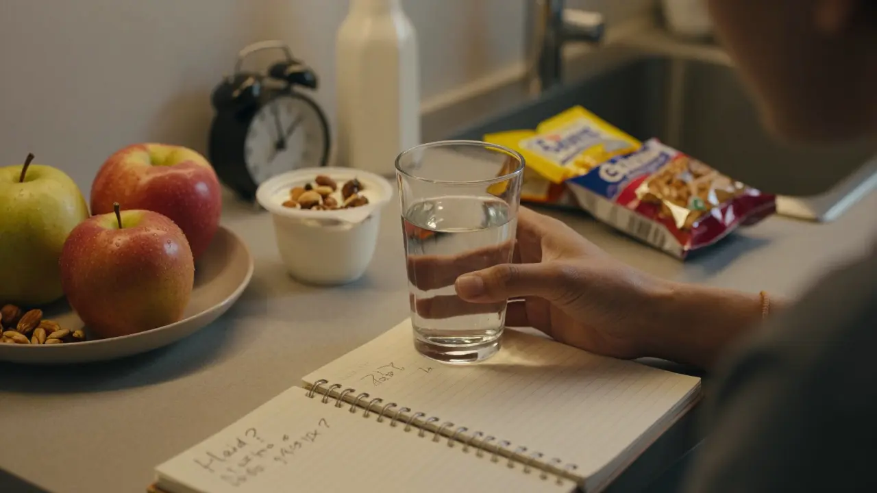 Osoba drží sklenici vody a přemýšlí nad jídlem, vedle ní jsou zdravé a zpracované potraviny a poznámky v deníku.