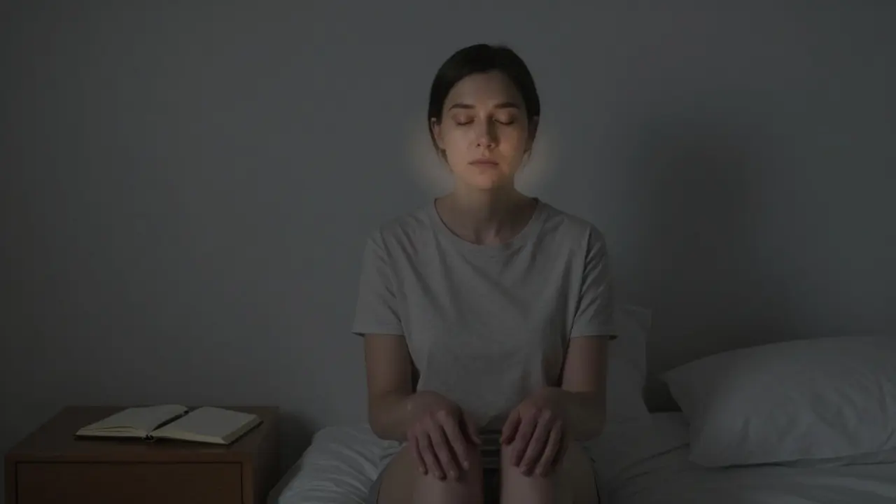 Osoba dýchá hluboce v tiché ložnici večer, bez obrazovek, s deníkem na nočním stolku.