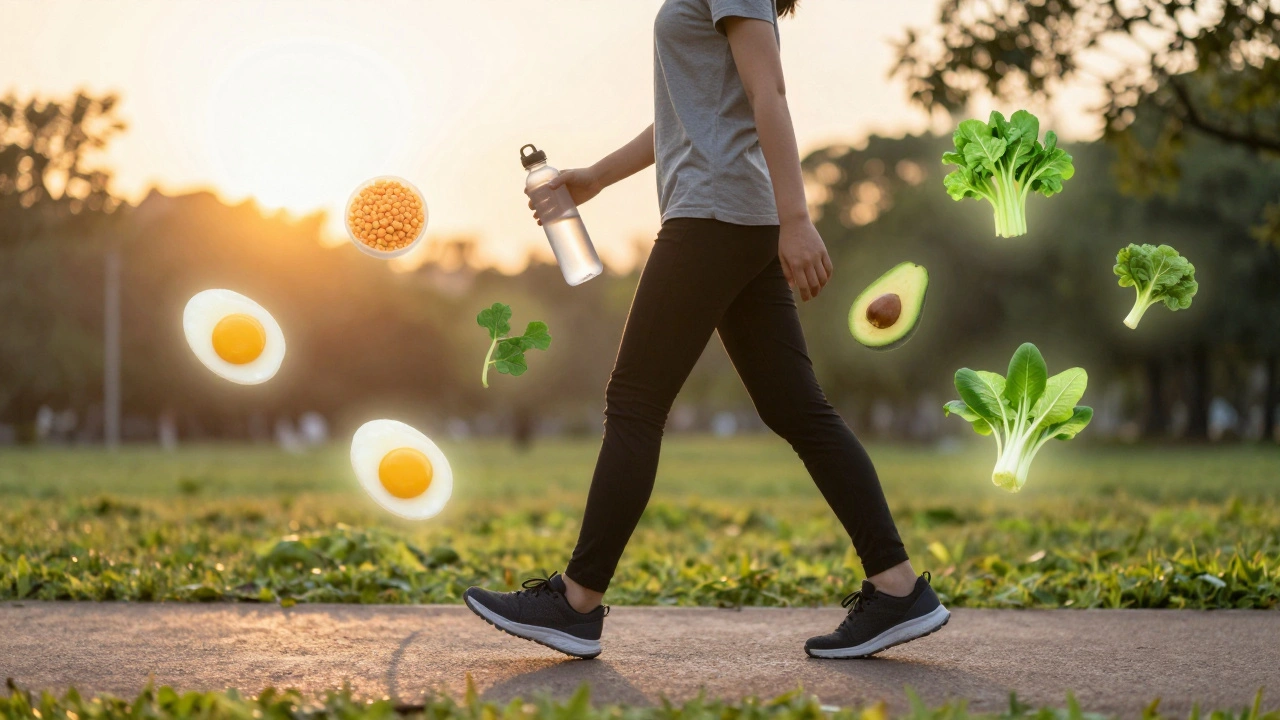 Osoba jde v parku za západu slunce s lahvičkou vody, kolem ní plavou zdravé potraviny jako symbol zdravého životního stylu.