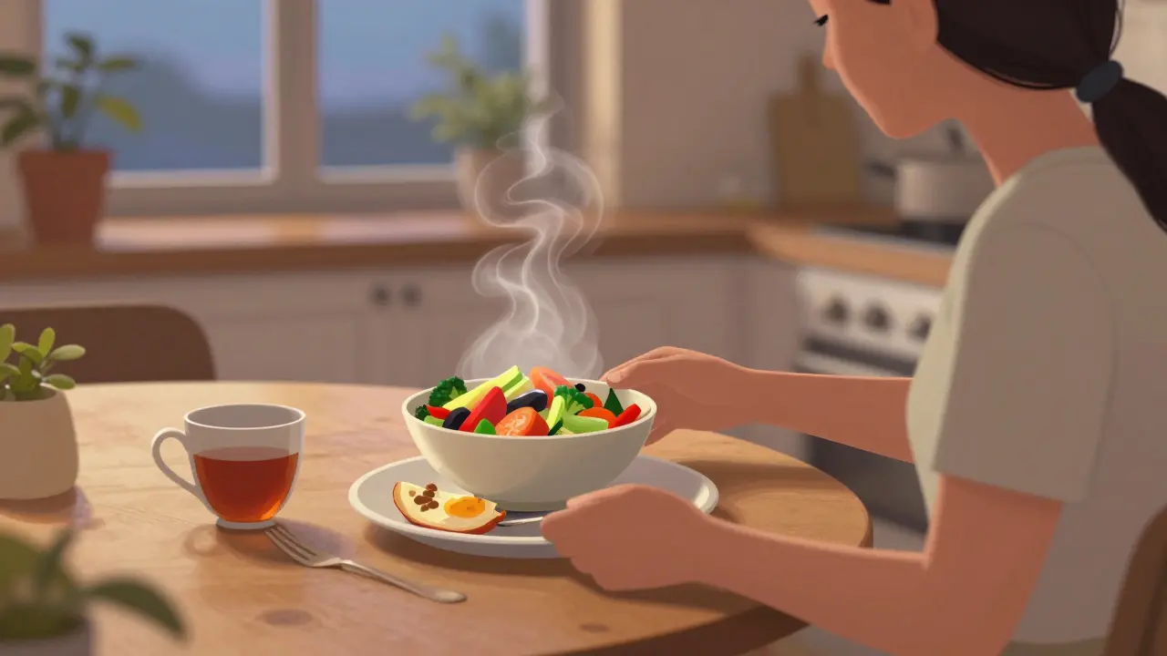 Osoba jí svačinu s zeleninou na kuchyňském stole při západu slunce.