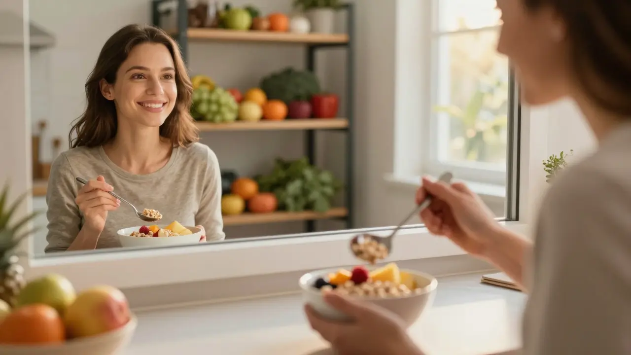 Osoba pomalu jí, její odraz v okně ukazuje zdravější verzi sebe sama.