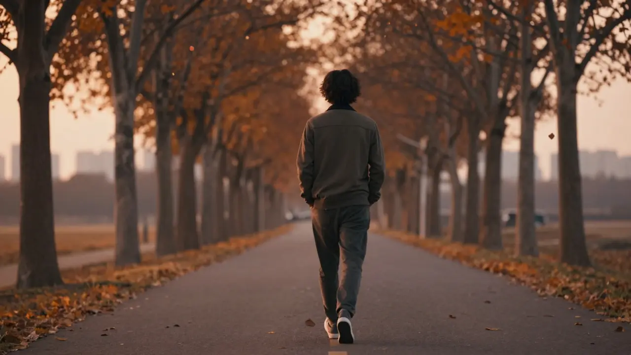 Osoba se klidně prochází po cestě v zlatém světle večera.