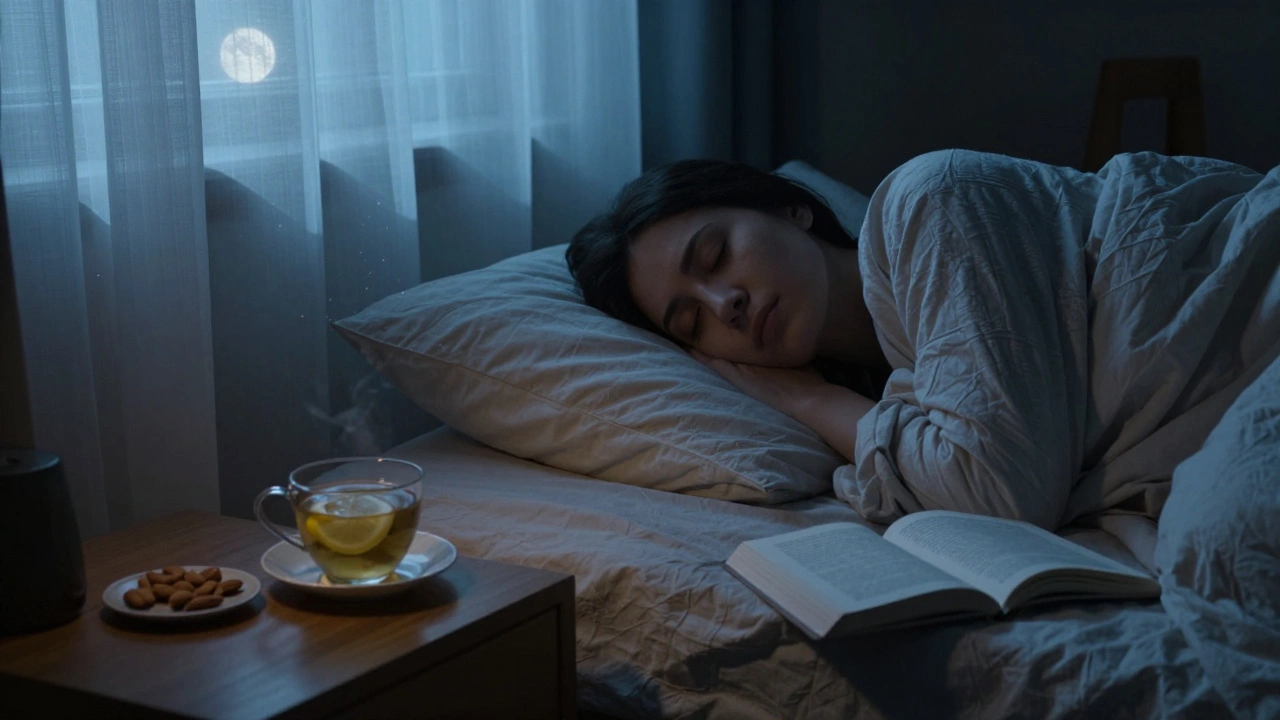 Osoba v posteli v klidné noční místnosti s oříšky a teplou vodou s citronem na nočním stolku.