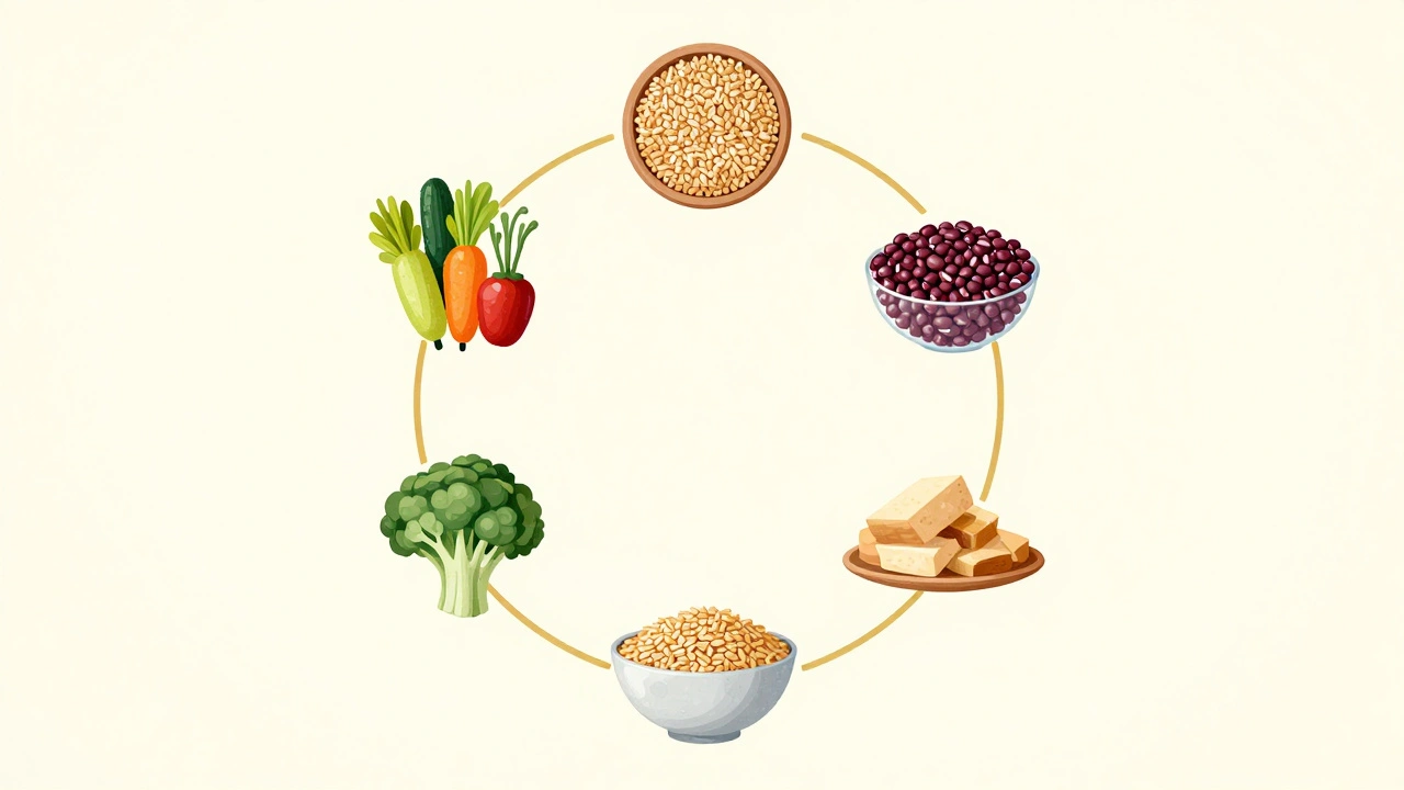Pět symbolických prvků vyvážené stravy: zelenina, celozrnné obiloviny, luštěniny, zdravé tuky a voda