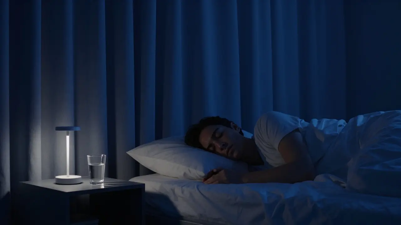 Pokoj v noci s tmavými záclonami a sklenicí vody na nočním stolku.
