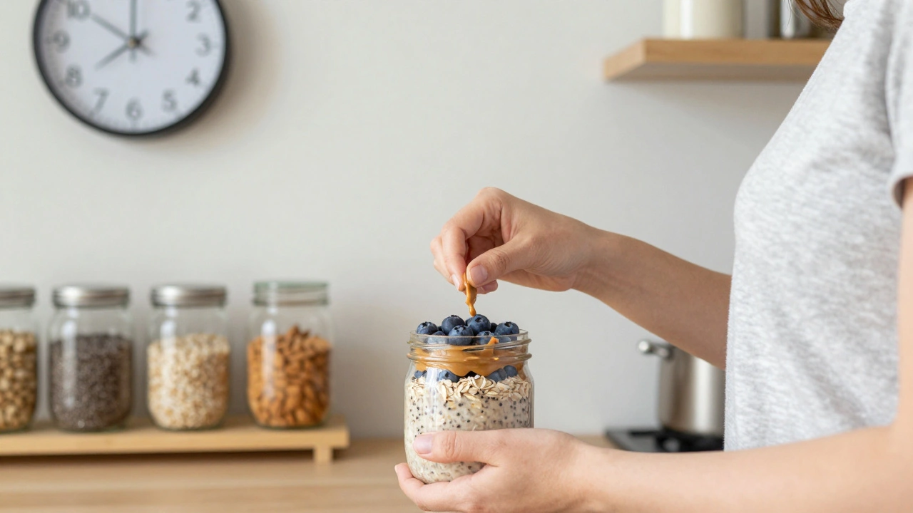 Příprava ovesné kaše před spaním v sklenici s semínky, mandlovým máslem a bobulemi.