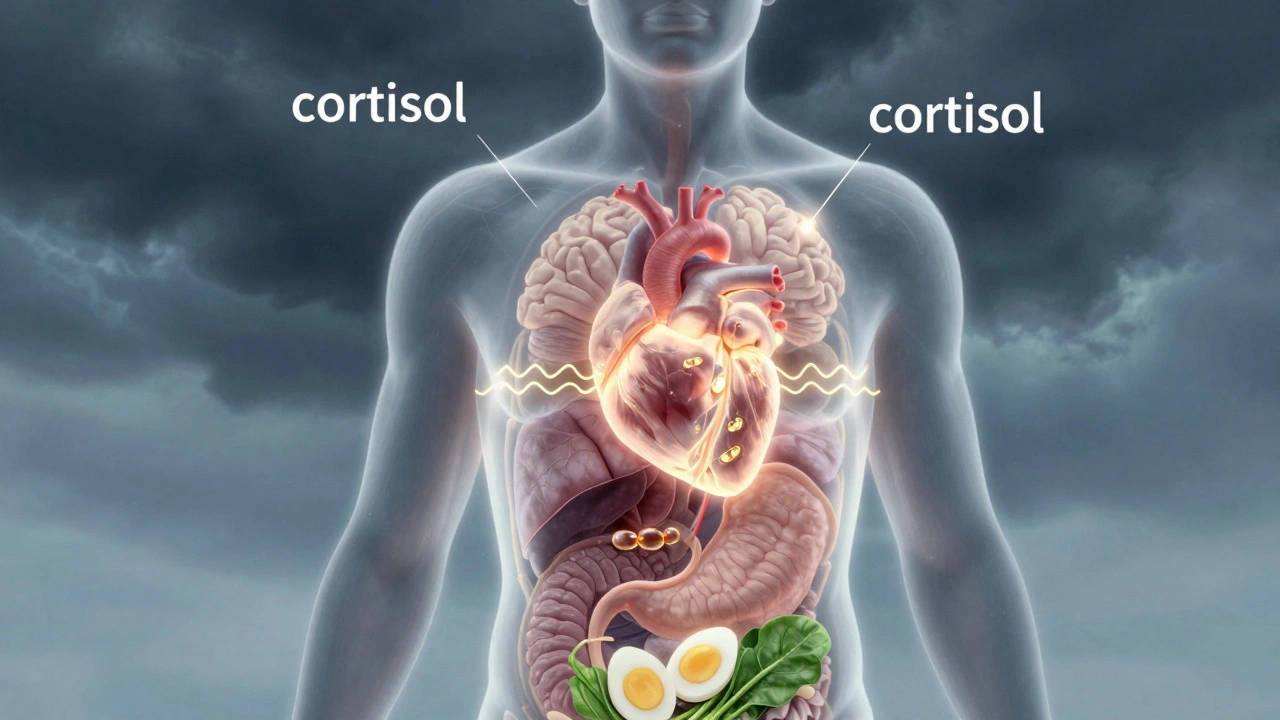 Průřez tělem s vnitřními orgány, které svítí při konzumaci zdravých potravin proti stresu.