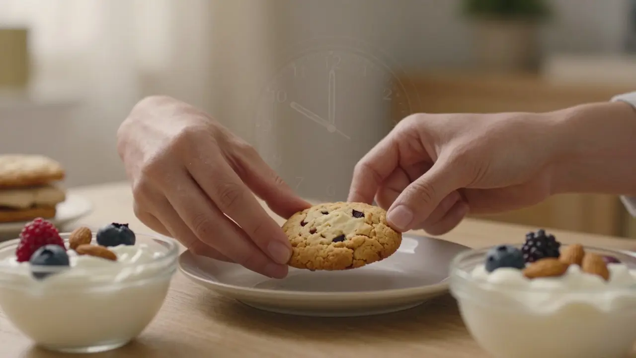 Ruce klidně přidávají sušenku k jogurtu s bobulí a ořechy.