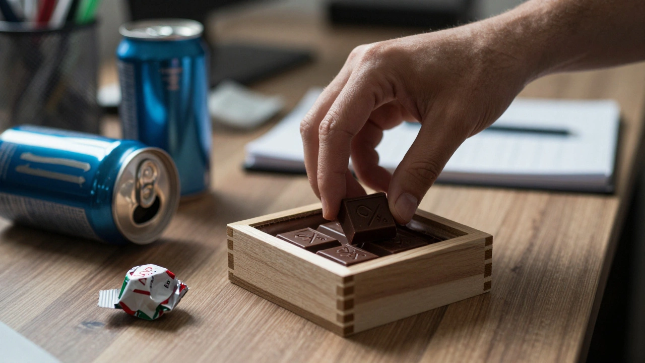 Ruka bere kus černé čokolády vedle odpadu z nezdravých svačin.