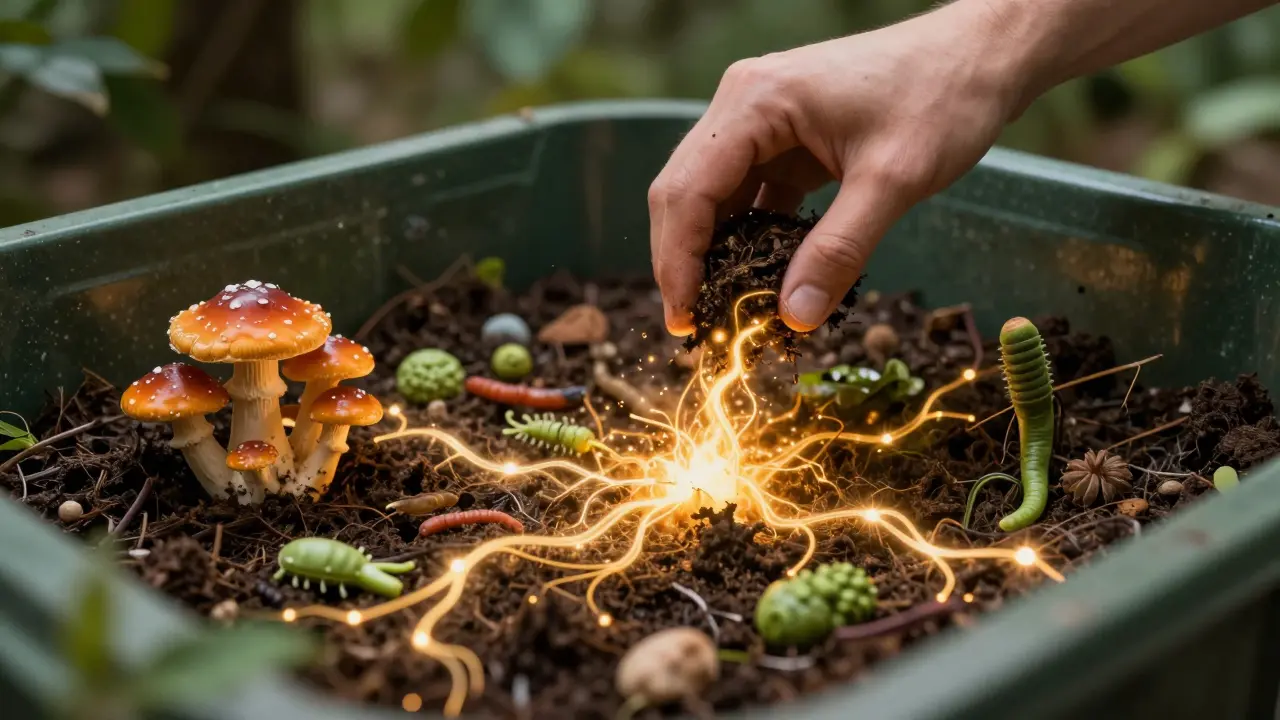 Ruka přidává odpad do kompostu, pod zemí svítí houby a bakterie.