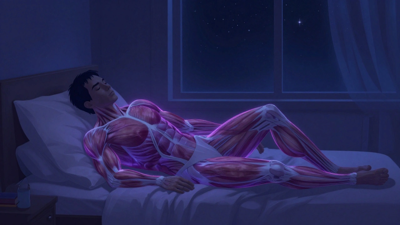 Tělo v noci září energií po tréninku, hvězdy v okně, žádný spánek.