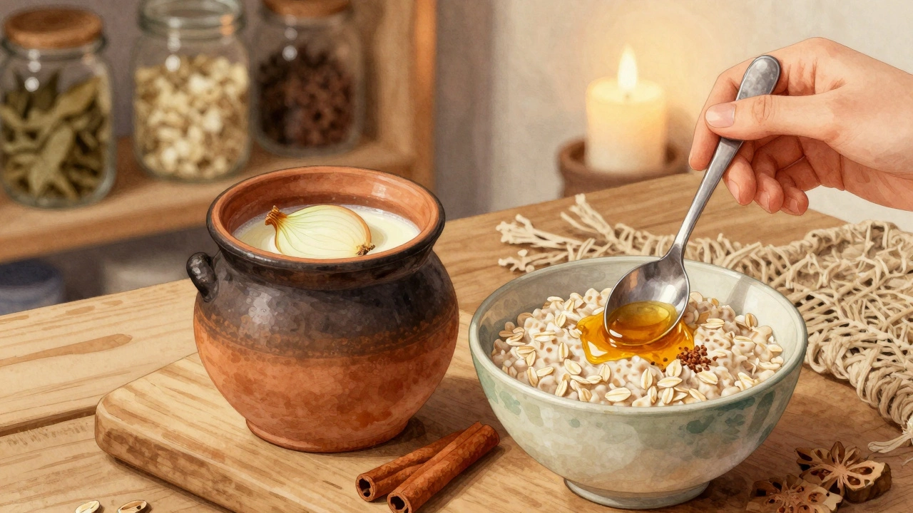 Tradiční český nápoj s cibulí a teplým mlékem vedle ovesných vloček s medem.