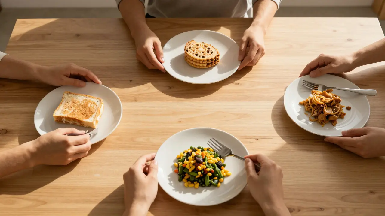 Tři jídla v průběhu dne na stole s dlouhými stínami mezi nimi.