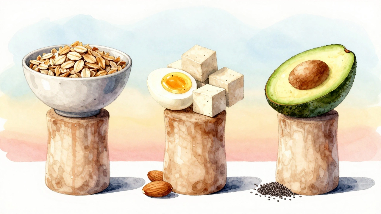 Tři pilíře zdravé snídaně: celozrnné obiloviny, bílkoviny a zdravé tuky v uměleckém stylu.