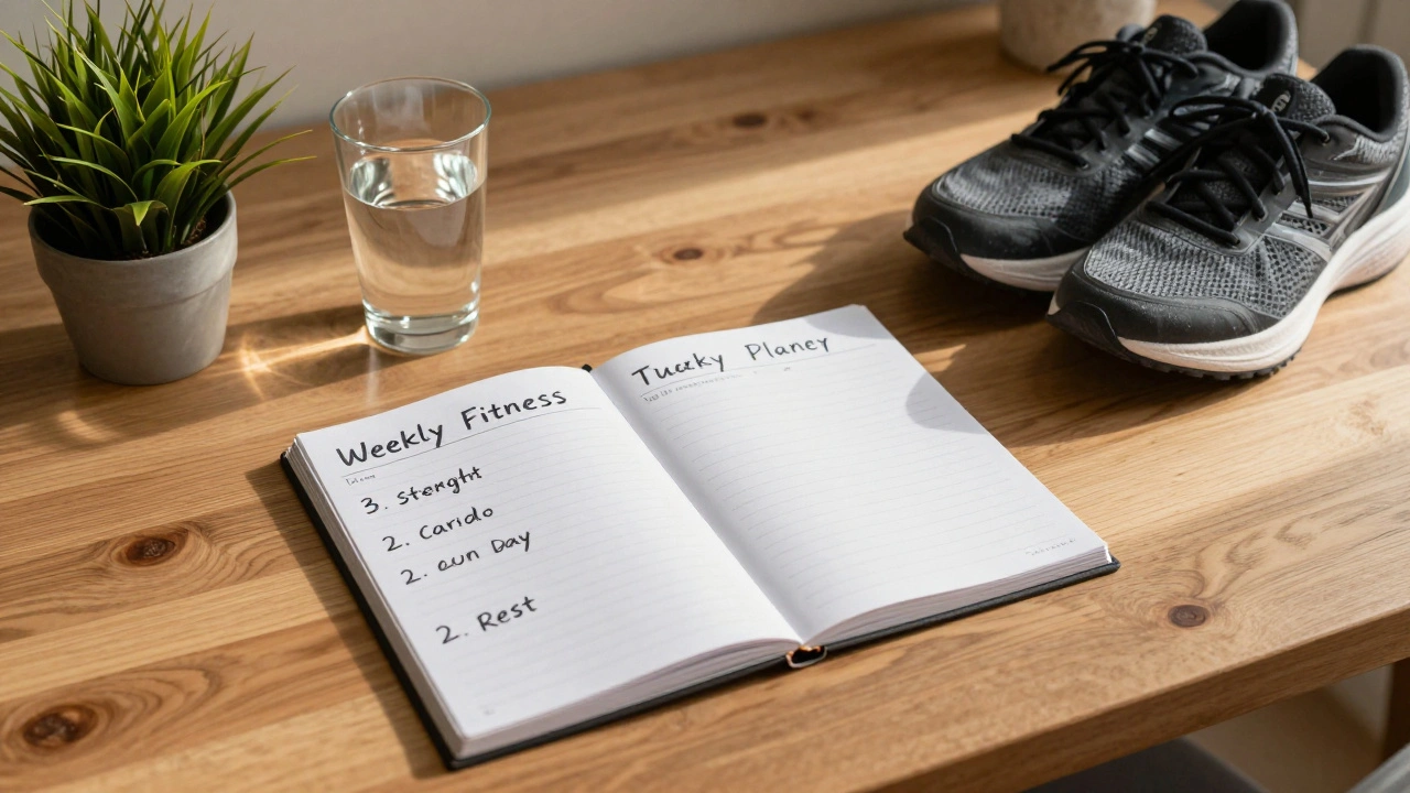 Týdenní plán cvičení na dřevěném stole s vodou, botami a rostlinou.