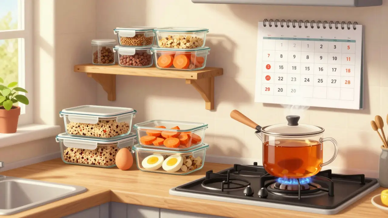 Týdenní příprava jídel v skleněných nádobách na kuchyňské polici.