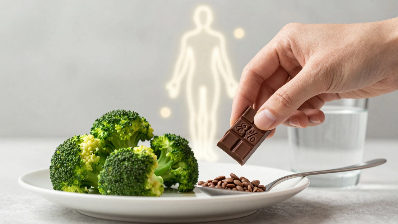 Zdravá jídla s kouskem černé čokolády a symbolickým zářením těla.