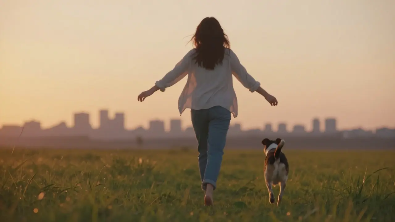 Žena prochází po trávě na západu slunce s psem, bez telefonu, v klidném prostředí.