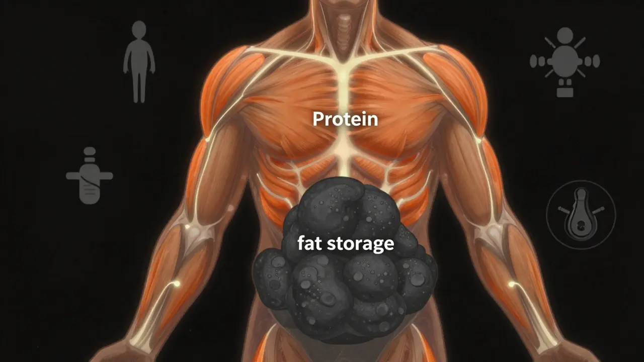 Abstraktní znázornění metabolismu: bílkoviny podporují svaly, zpracované potraviny způsobují ukládání tuku.