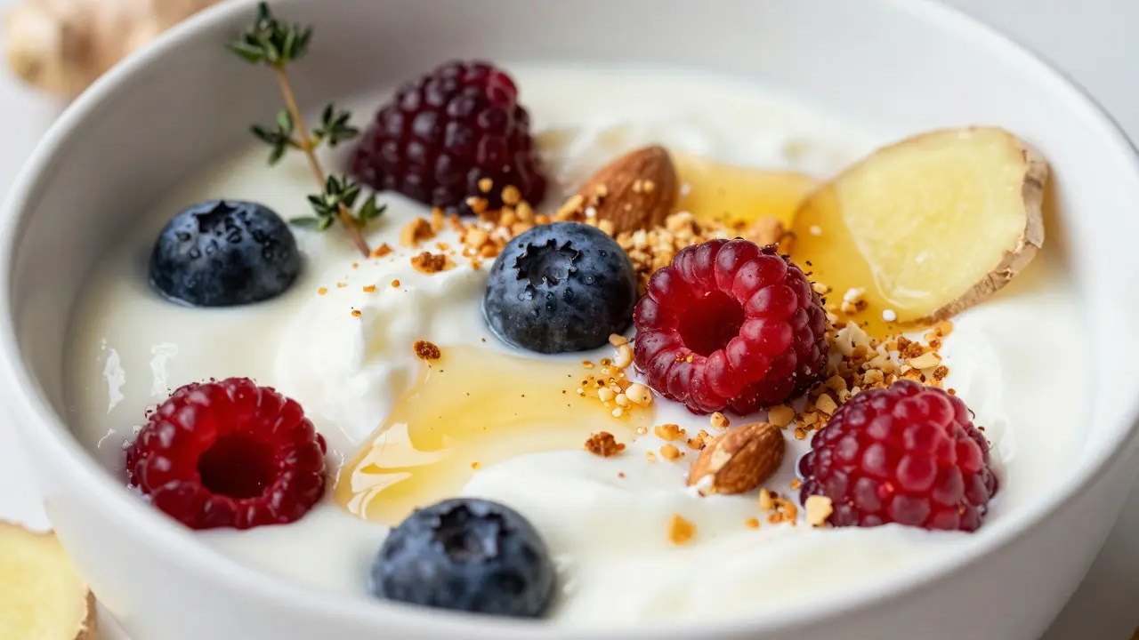 Chladný jogurt s bobulí, oříšky a medem v míse, vizuálně lákavý a čerstvý.