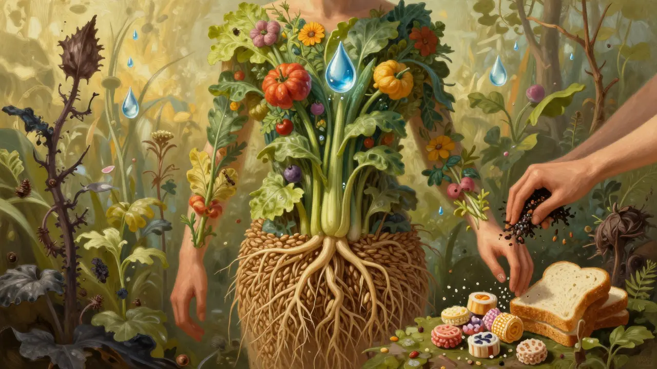 Člověk jako zahrada: zdravé potraviny jako květy a listy, přepracované potraviny jako větve sychravého plevelu.