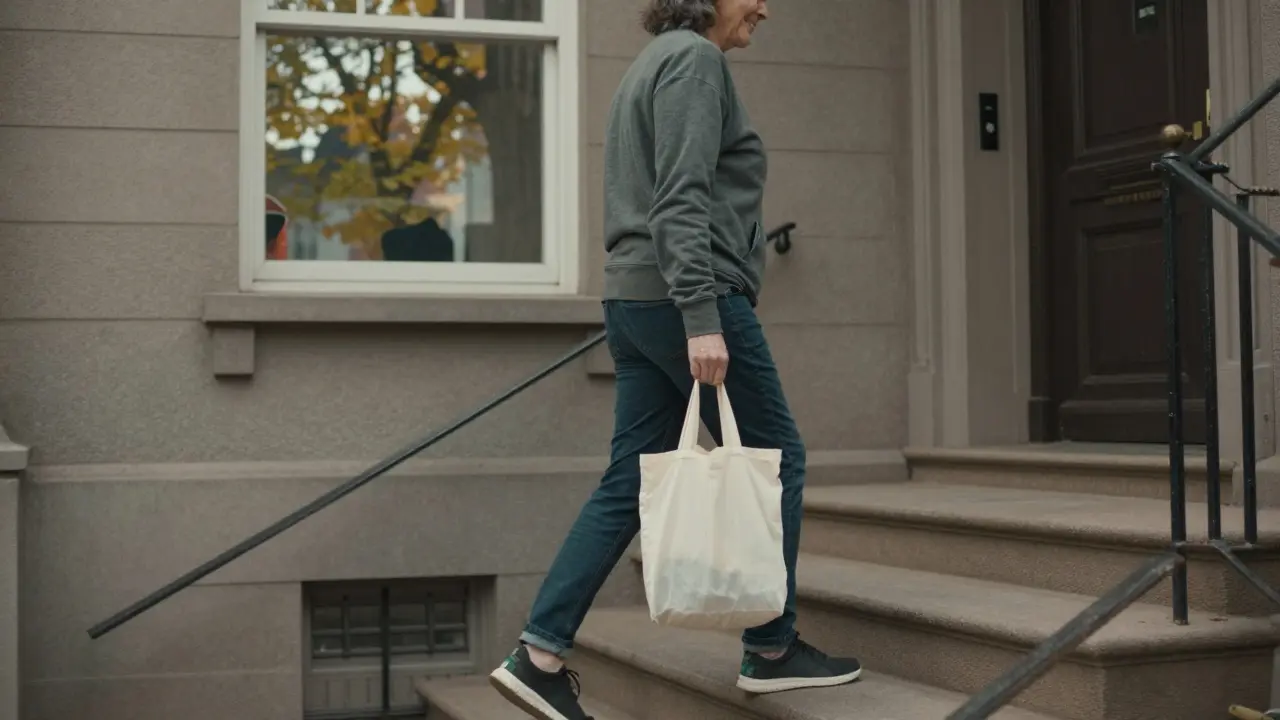Člověk klidně vystupuje po schodech s nákupem, v běžném oblečení, bez gymského vybavení.