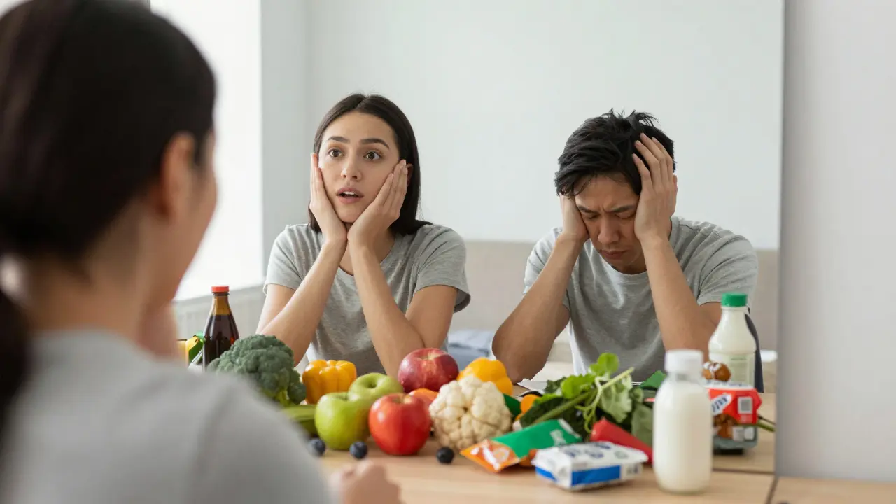 Člověk u zrcadla, jeho odraz ukazuje zdravou verzi se zdravou stravou.