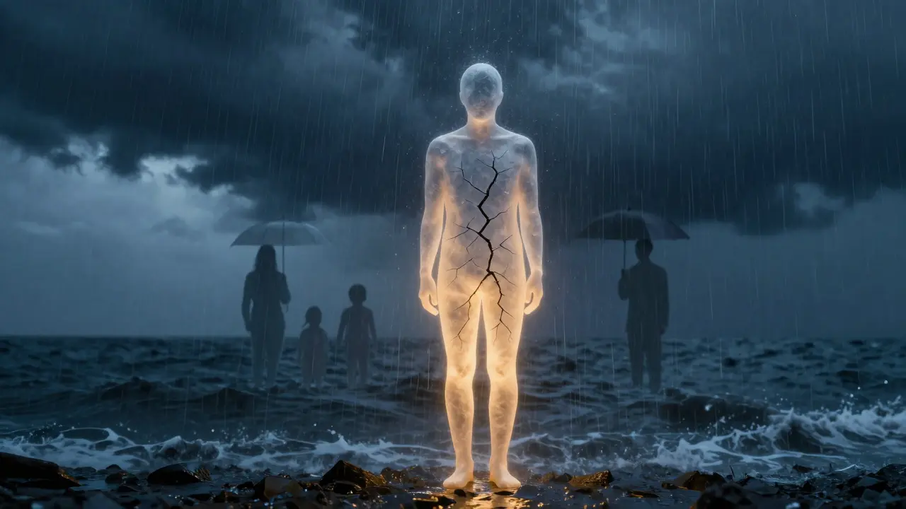 Člověk v bouři, jehož tělo září zevnitř, zatímco tři postavy stojí za ním s deštníky.