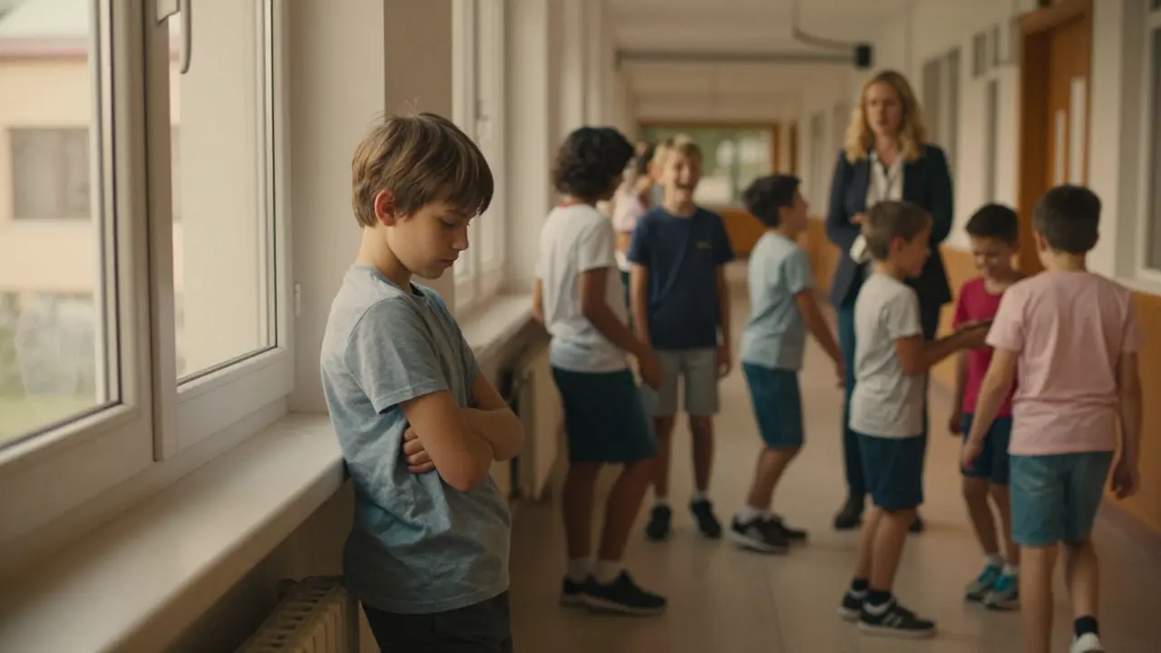 Dítě stojí osaměle v školní chodbě, zatímco ostatní děti hrají.