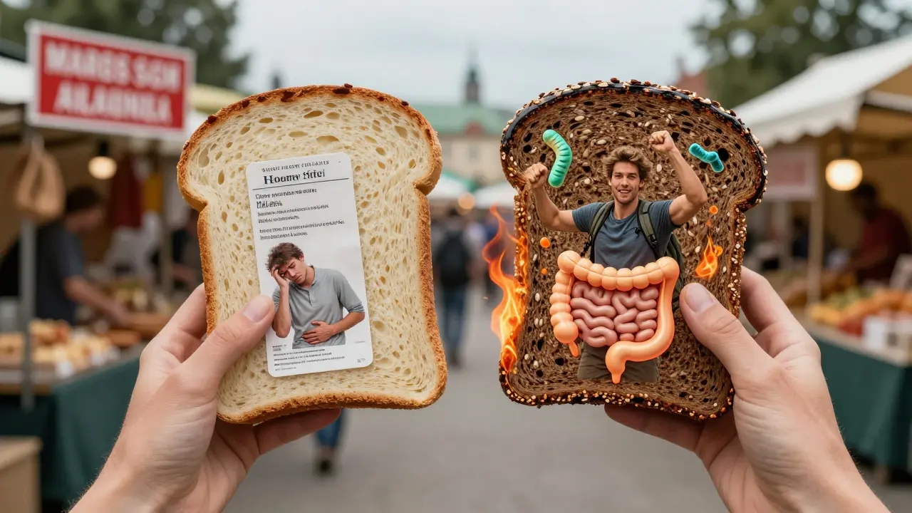 Dva krajíče chleba: bílý a celozrnný, symbolizující zdravou a nezdravou volbu