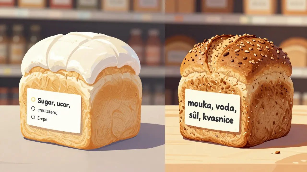 Dvě krajíče chleba: bílý s přísadami a celozrnný s viditelnými zrní, symbolizující marketing vs. pravdu.