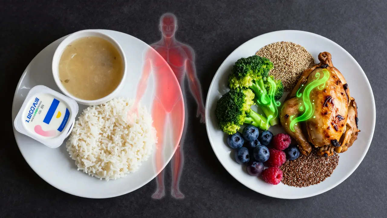 Dvě talíře: jeden s zpracovanými potravinami, druhý s celými potravinami – kontrast zdraví a nezdraví.