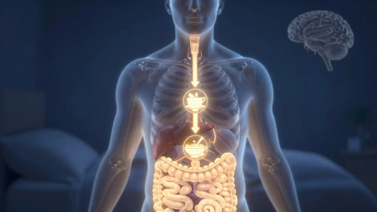 Koncepční obrázek těla s třemi jídly jako symboly denního rytmu a metabolismu.