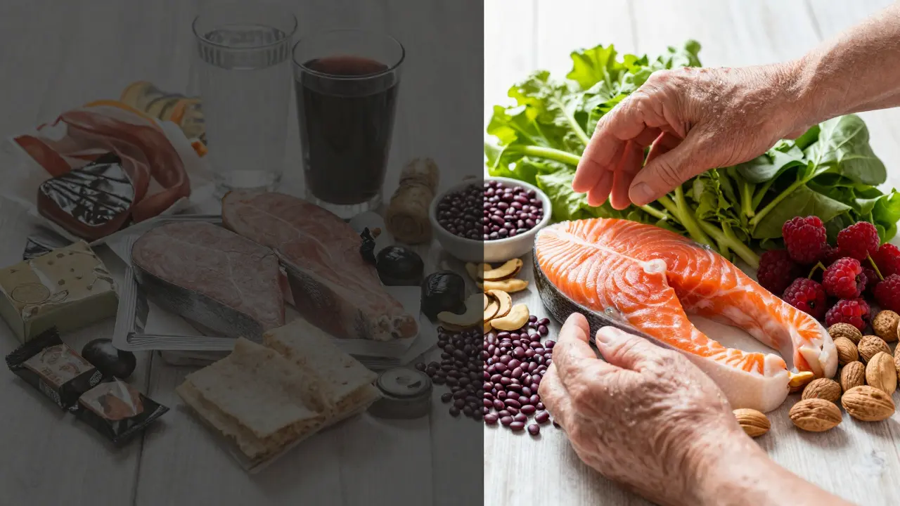 Kontrast mezi nezdravou a zdravou stravou po 50: zpracované potraviny vs. čerstvé rostlinné potraviny.