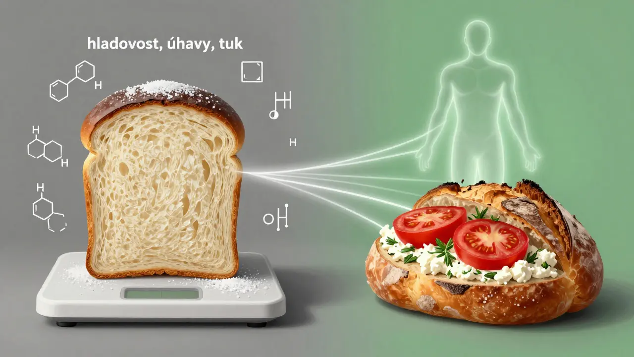 Kontrast mezi průmyslovým chlebem a zdravou variantou s přílohami jako symbol zdravé volby.