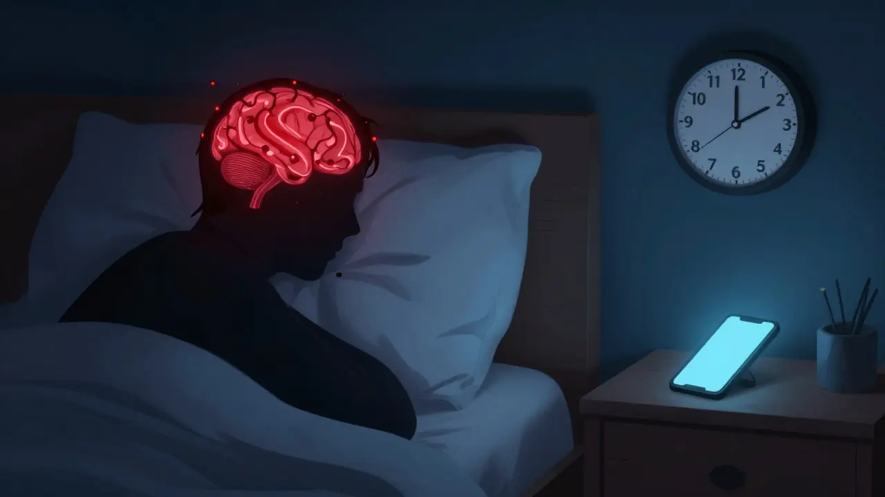 Křehký silueta člověka v temné spále, s toxiny v mozku a svítícím telefonem na nočním stolku.