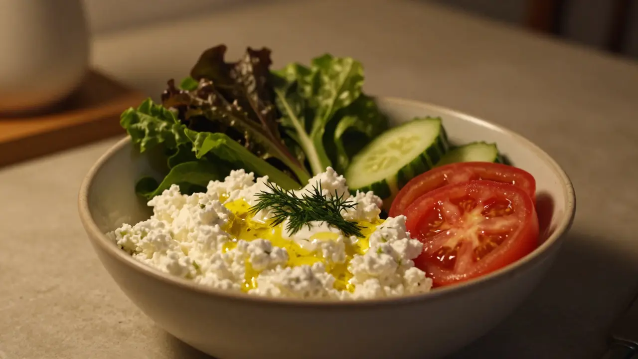 Lehká večeře z tvarohu s rajčaty a okurkami v klidném prostředí.