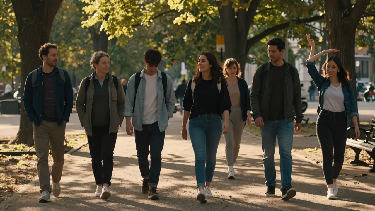 Lidé se pomalu procházejí parkem ve zlatém světle, žádné zařízení, klidná atmosféra.