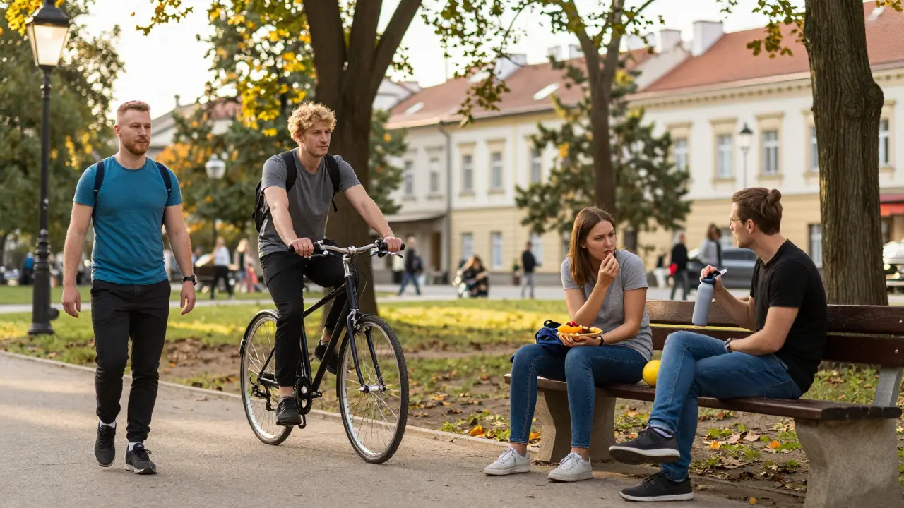Lidé v parku chodí, jezdí na kole a jedí zdravě v zlatém světle odpoledne.