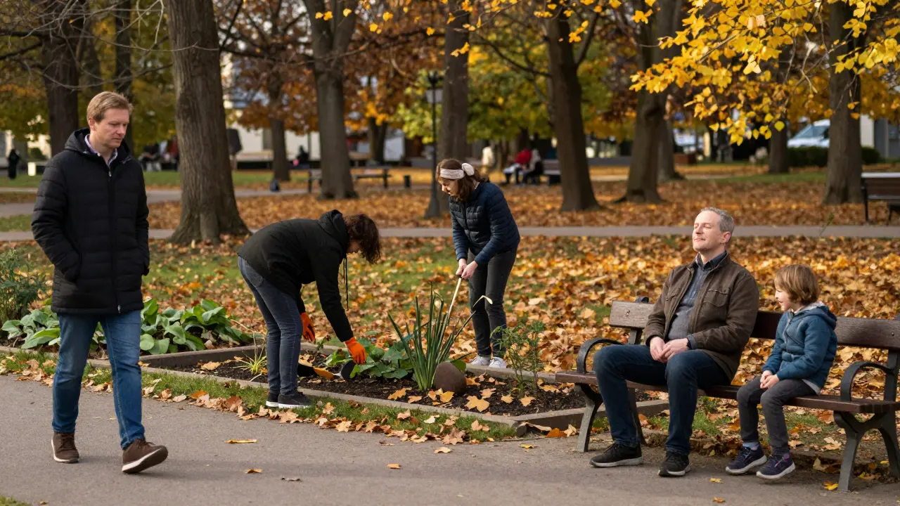 Lidé v parku se pohybují, sedí nebo se starají o zahradu v podzimním světle.