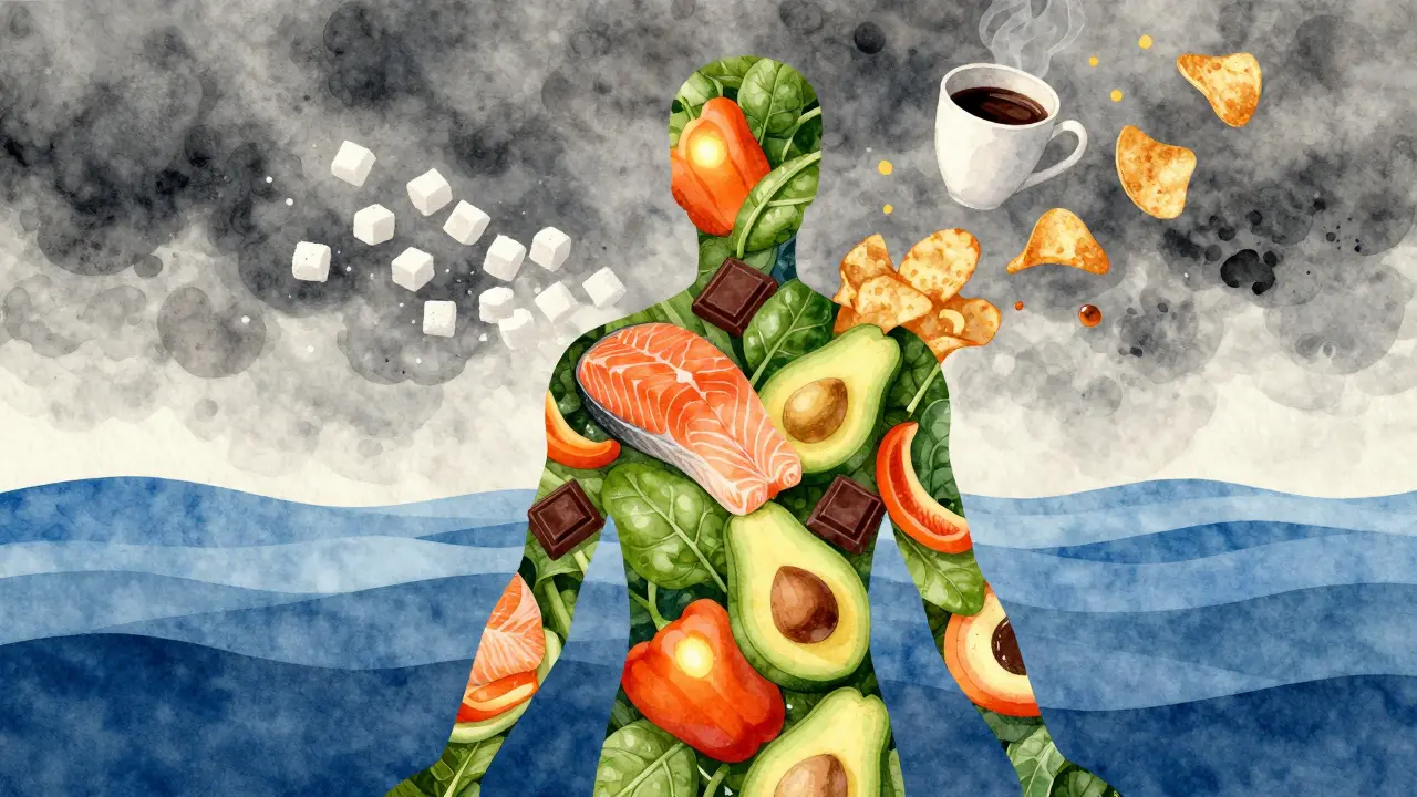 Lidská silueta vyplněná zdravými potravinami, které vyzařují světlo, zatímco nezdravé jídlo mizí.