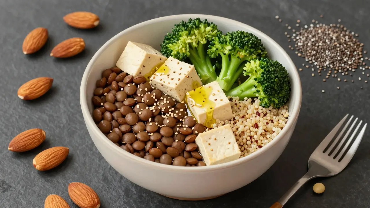 Míska s čočkou, tofu a quinou, doplněná o ořechy a semínka.