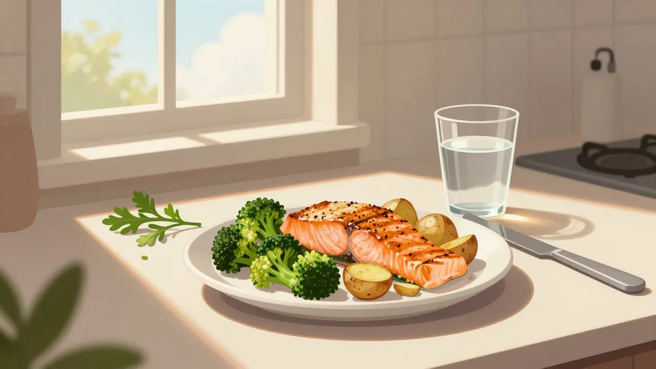 Oběd z grilovaného lososa, brokolice a brambor v přirozeném osvětlení.