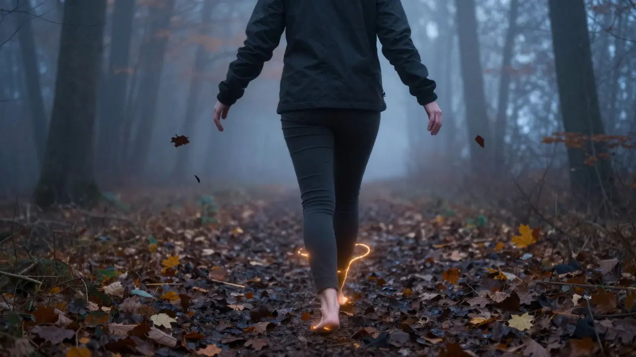 Osoba chodí bosá lesní cestou v mlze, symbolizující obnovu a přirozené uzdravení.
