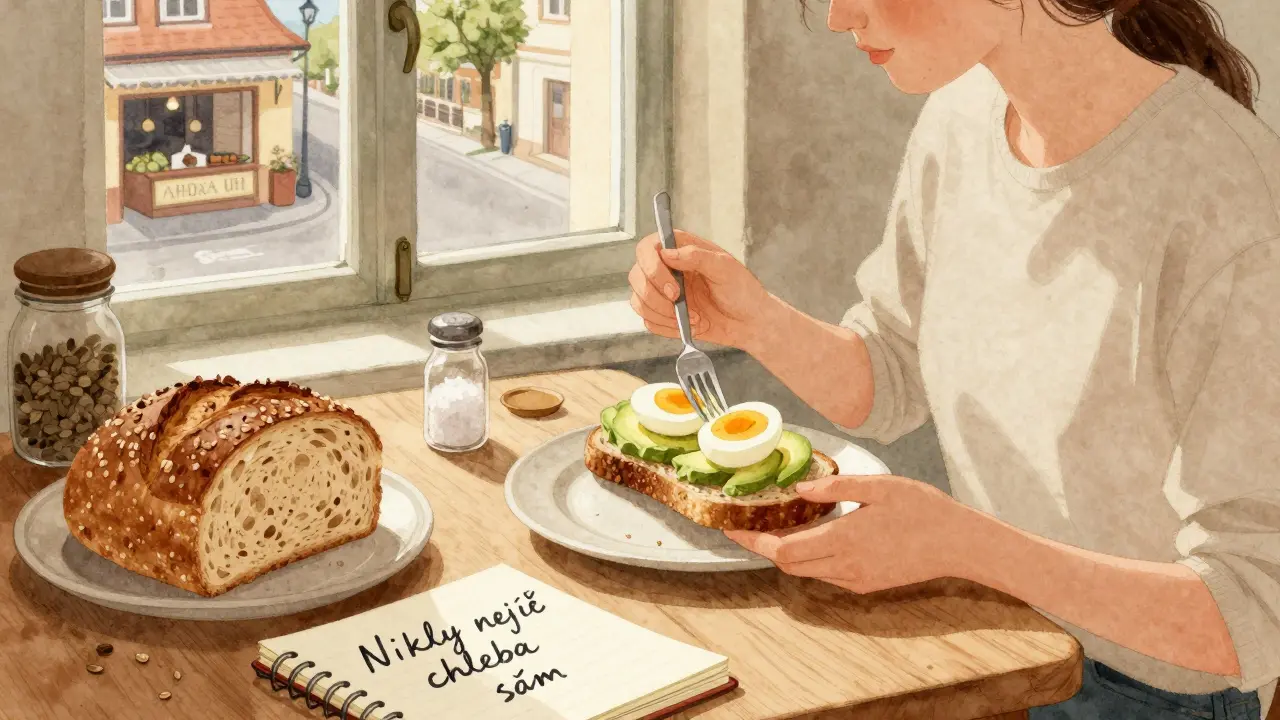 Osoba jedoucí celozrnný chleba s avokádem a vajíčky ve slunečné kuchyni.