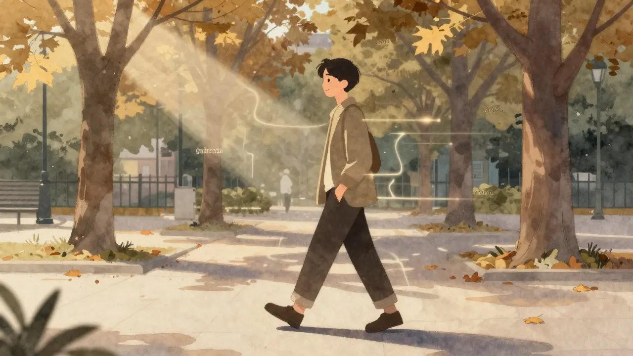 Osoba kráčí rychle v parku při zlaté hodině, okolo ní jsou listy a jemné světelné čáry symbolizující hormonální rovnováhu.