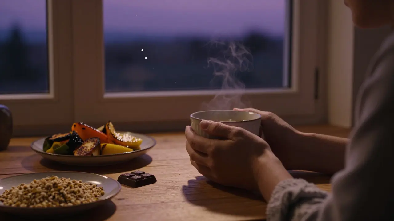 Osoba pije čaj z kamile večer u okna s černou čokoládou a pečenou zeleninou.