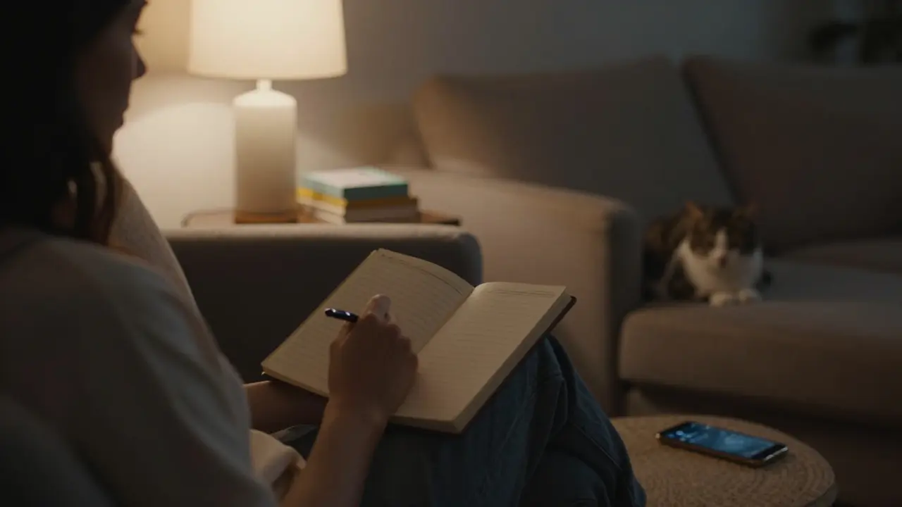 Osoba píše do deníku v klidném pokoji s vypnutým telefonem v pozadí.